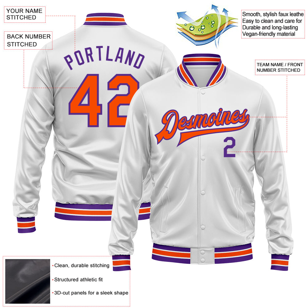 Custom White Orange-Purple Bomber Full-Snap Varsity Faux Leather Letterman Jacket