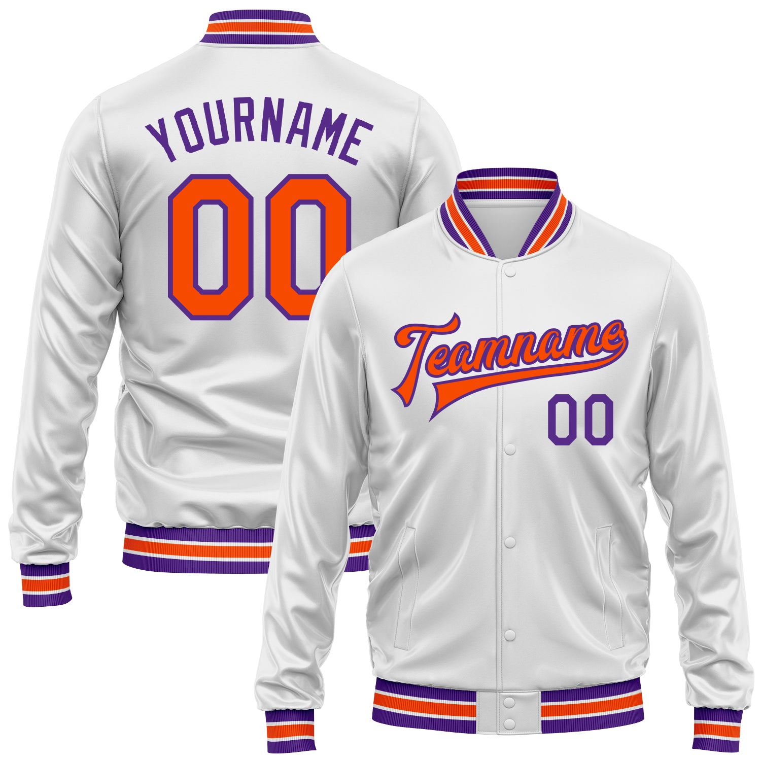 Custom White Orange-Purple Bomber Full-Snap Varsity Faux Leather Letterman Jacket