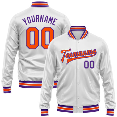 Custom White Orange-Purple Bomber Full-Snap Varsity Faux Leather Letterman Jacket