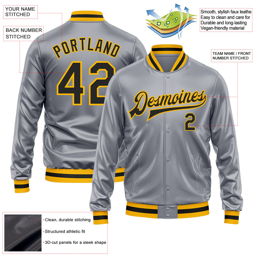 Custom Gray Black-Gold Bomber Full-Snap Varsity Faux Leather Letterman Jacket