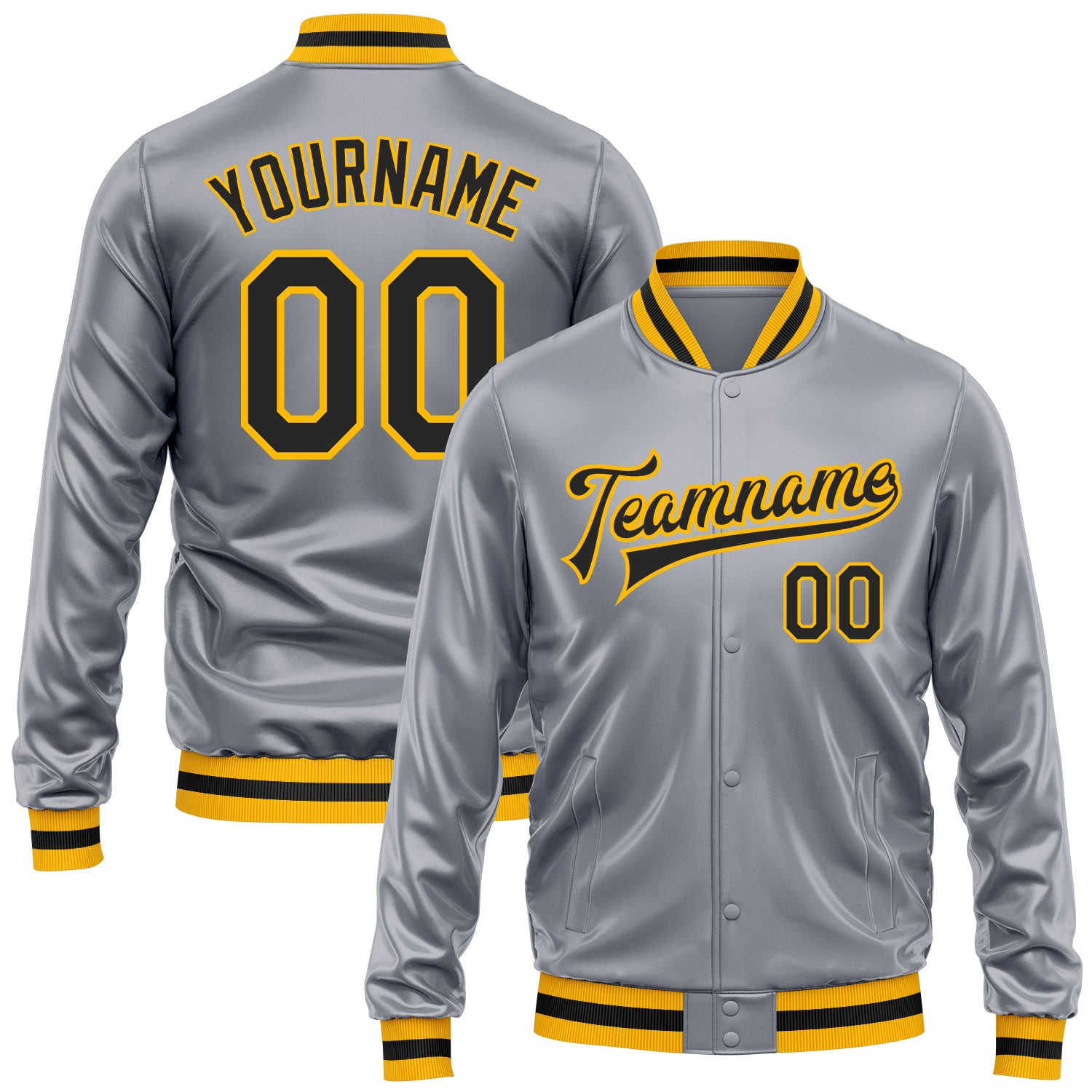 Custom Gray Black-Gold Bomber Full-Snap Varsity Faux Leather Letterman Jacket