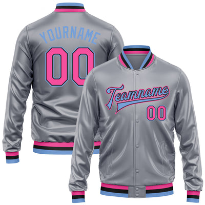 Custom Gray Pink Light Blue-Black Bomber Full-Snap Varsity Faux Leather Letterman Jacket