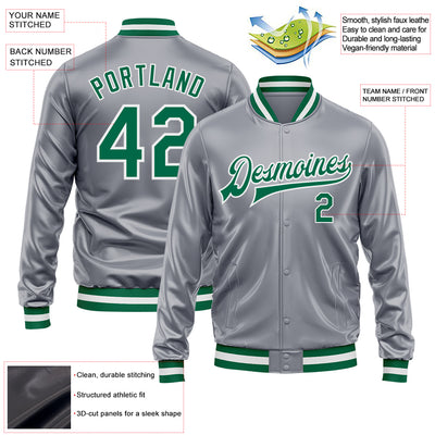 Custom Gray Kelly Green-White Bomber Full-Snap Varsity Faux Leather Letterman Jacket