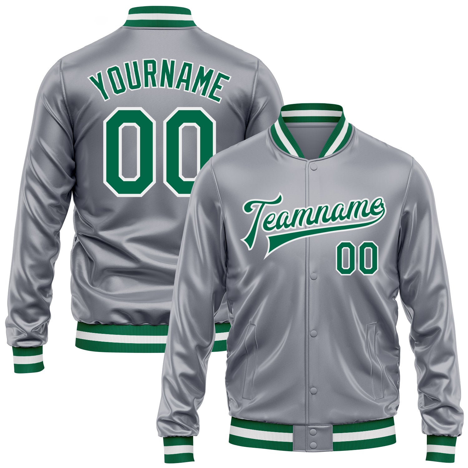 Custom Gray Kelly Green-White Bomber Full-Snap Varsity Faux Leather Letterman Jacket