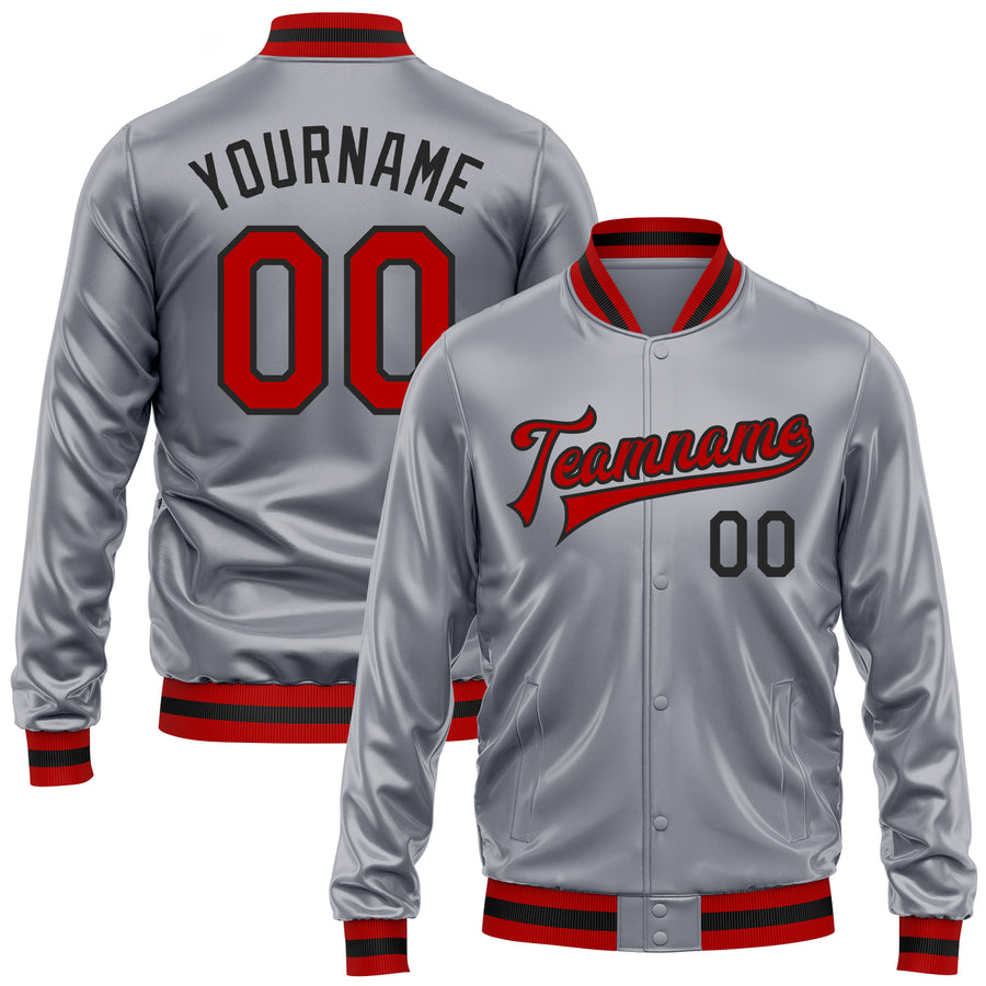 Custom Gray Red-Black Bomber Full-Snap Varsity Faux Leather Letterman Jacket
