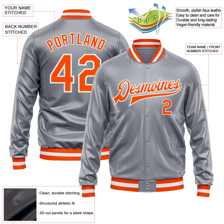 Custom Gray Orange-White Bomber Full-Snap Varsity Faux Leather Letterman Jacket