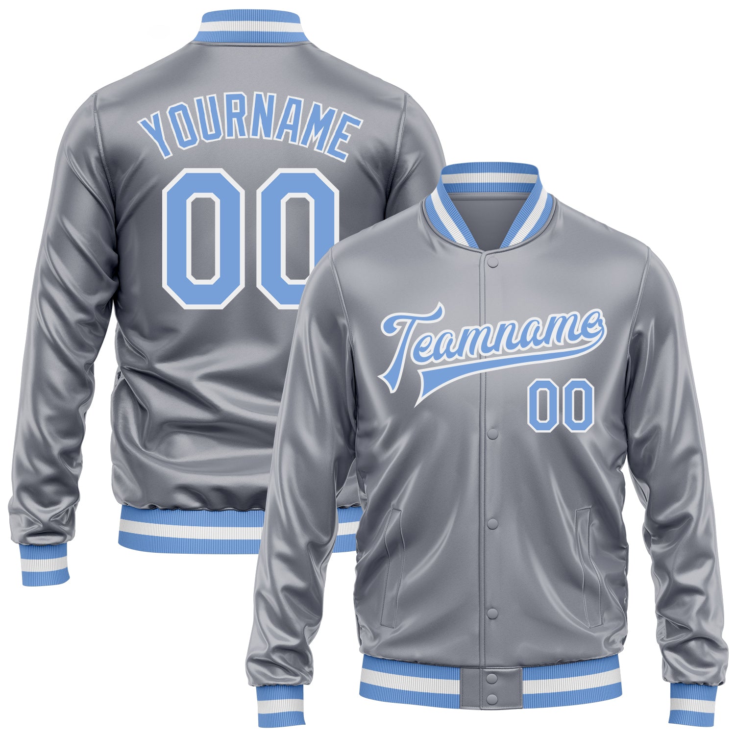 Custom Gray Light Blue-White Bomber Full-Snap Varsity Faux Leather Letterman Jacket