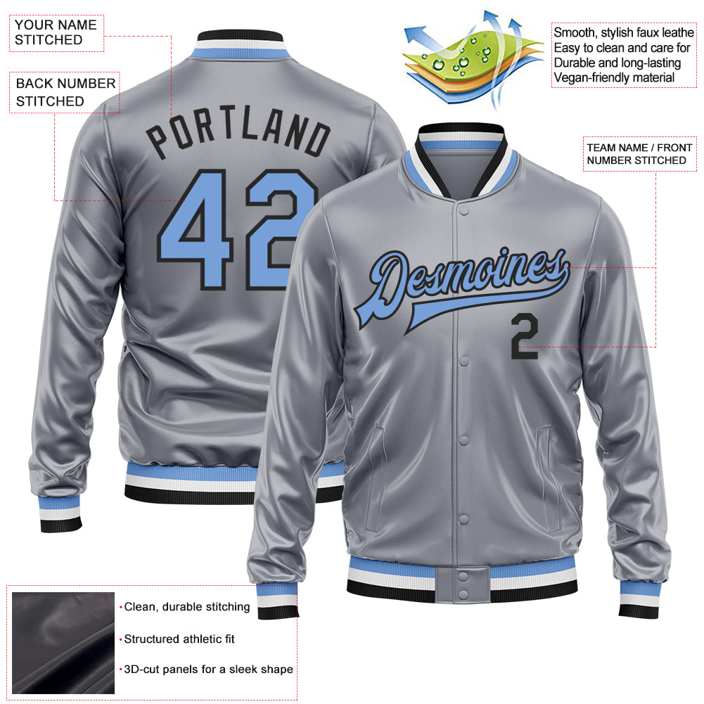 Custom Gray Light Blue-Black Bomber Full-Snap Varsity Faux Leather Letterman Jacket
