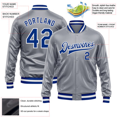 Custom Gray Royal-White Bomber Full-Snap Varsity Faux Leather Letterman Jacket