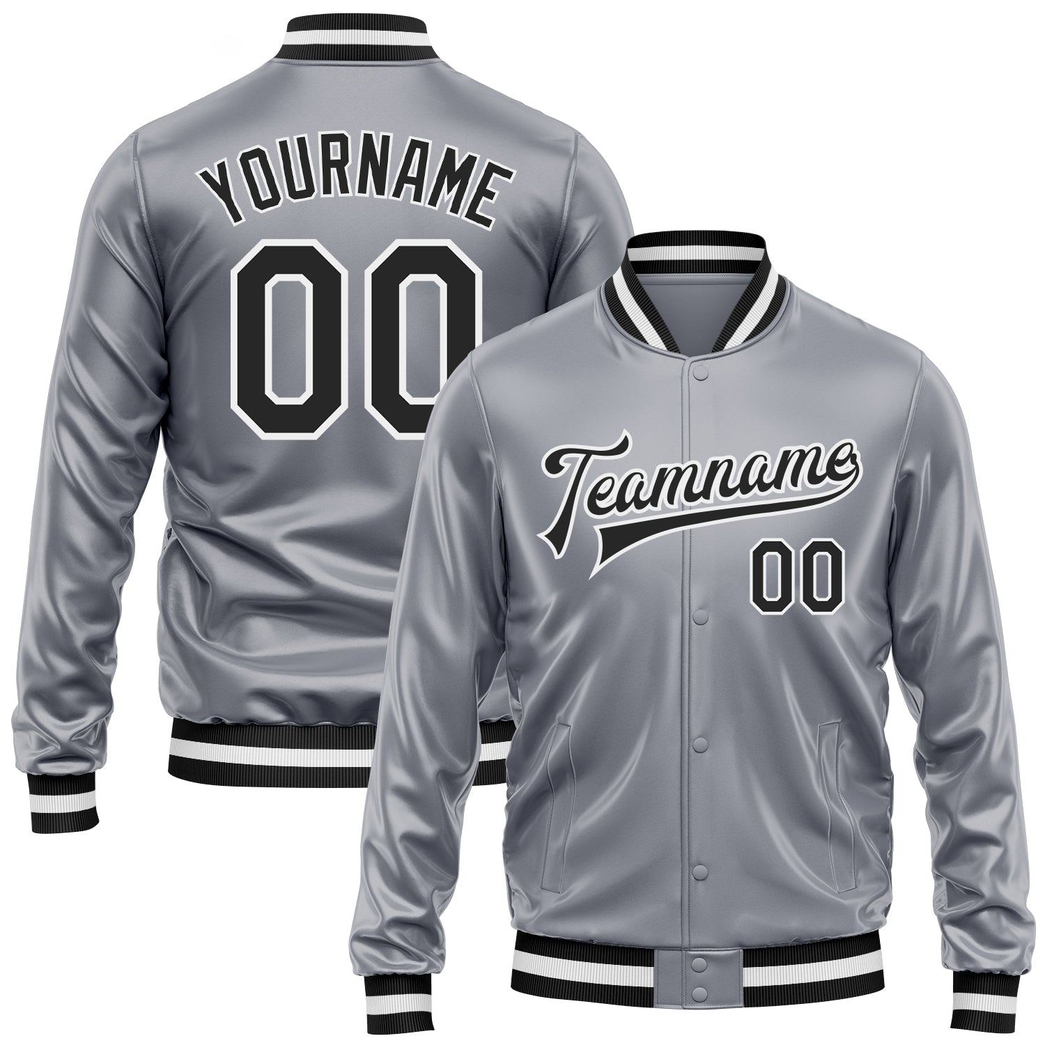Custom Gray Black-White Bomber Full-Snap Varsity Faux Leather Letterman Jacket