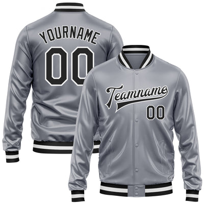 Custom Gray Black-White Bomber Full-Snap Varsity Faux Leather Letterman Jacket