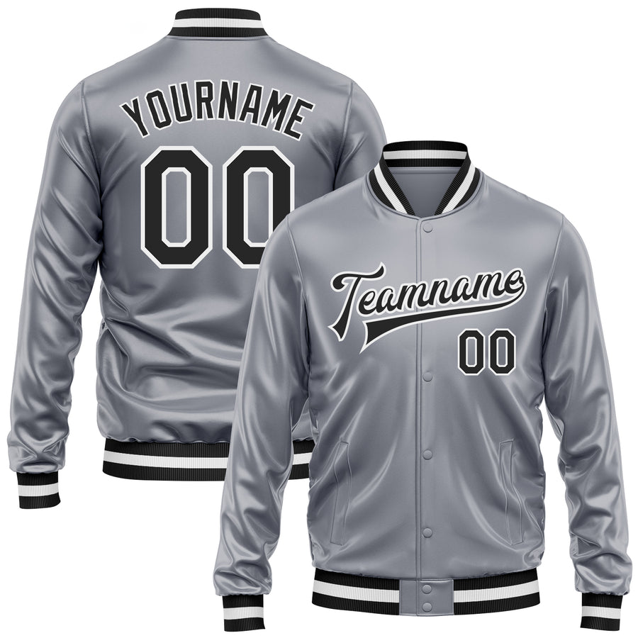 Custom Gray Black-White Bomber Full-Snap Varsity Faux Leather Letterman Jacket