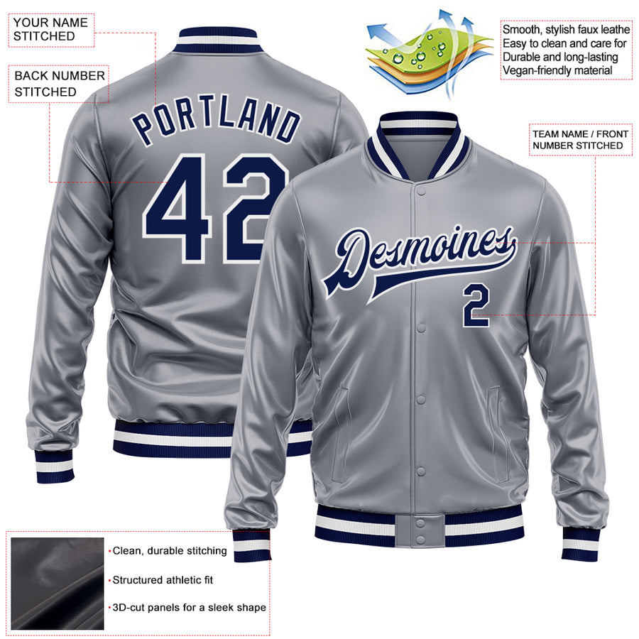 Custom Gray Navy-White Bomber Full-Snap Varsity Faux Leather Letterman Jacket