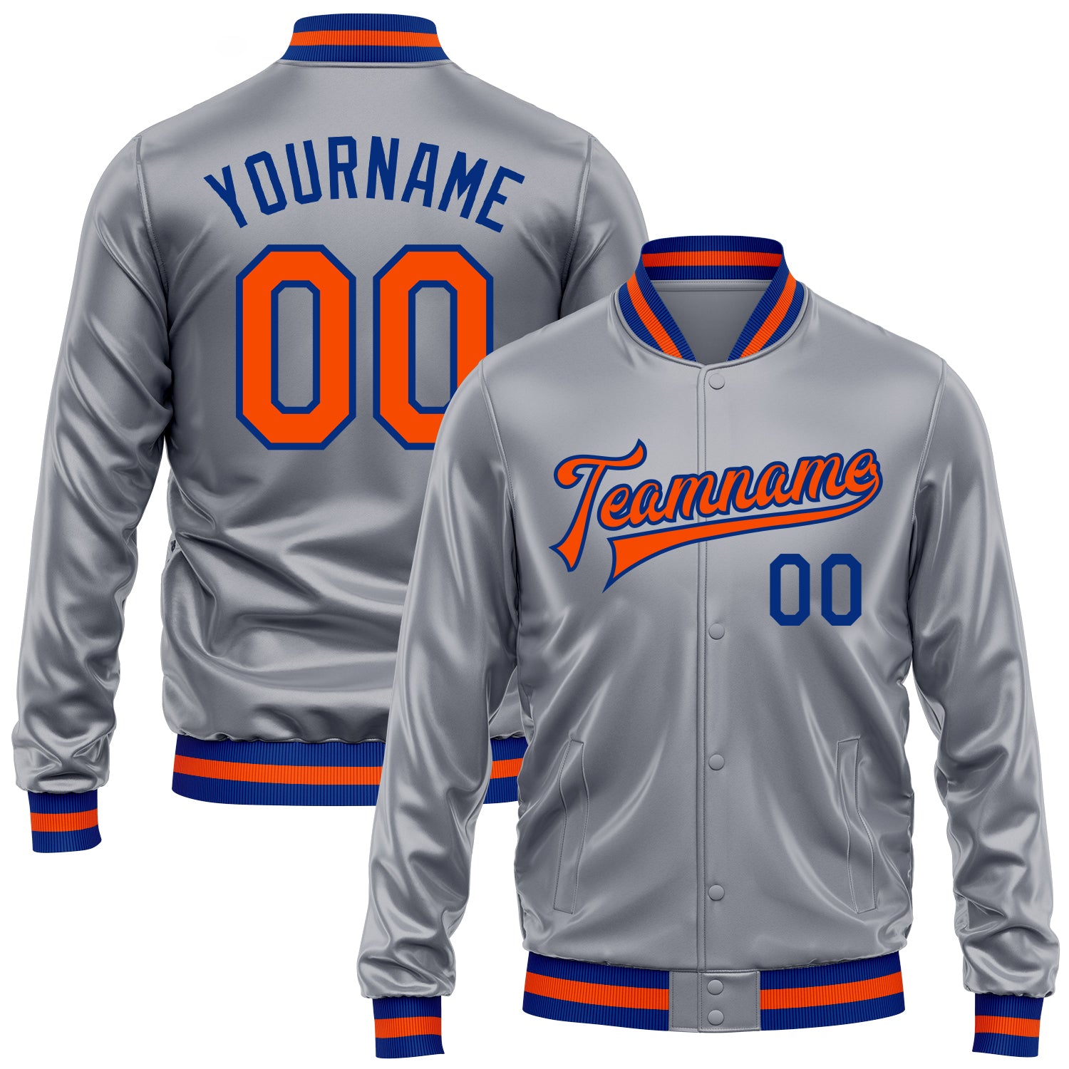 Custom Gray Orange-Royal Bomber Full-Snap Varsity Faux Leather Letterman Jacket