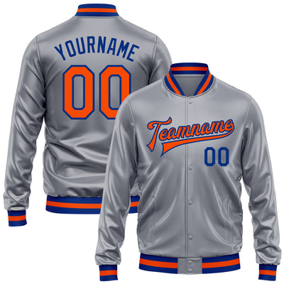Custom Gray Orange-Royal Bomber Full-Snap Varsity Faux Leather Letterman Jacket