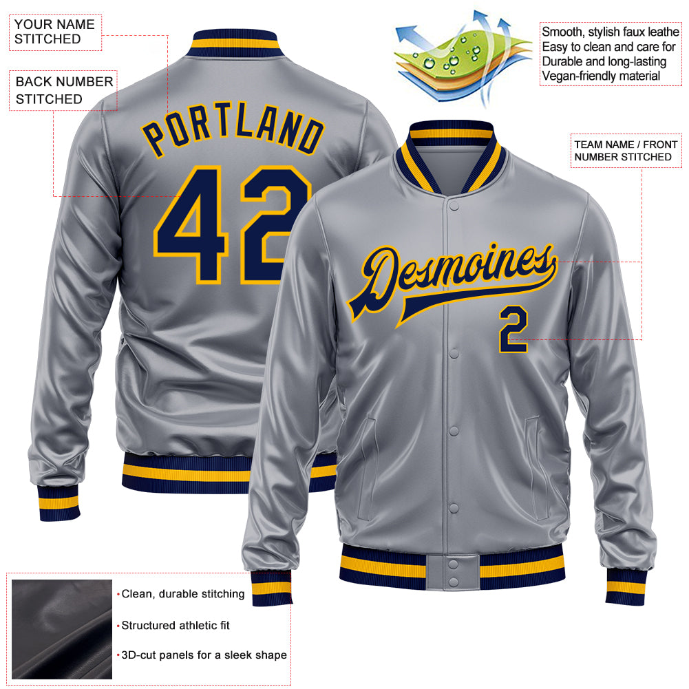 Custom Gray Navy-Gold Bomber Full-Snap Varsity Faux Leather Letterman Jacket