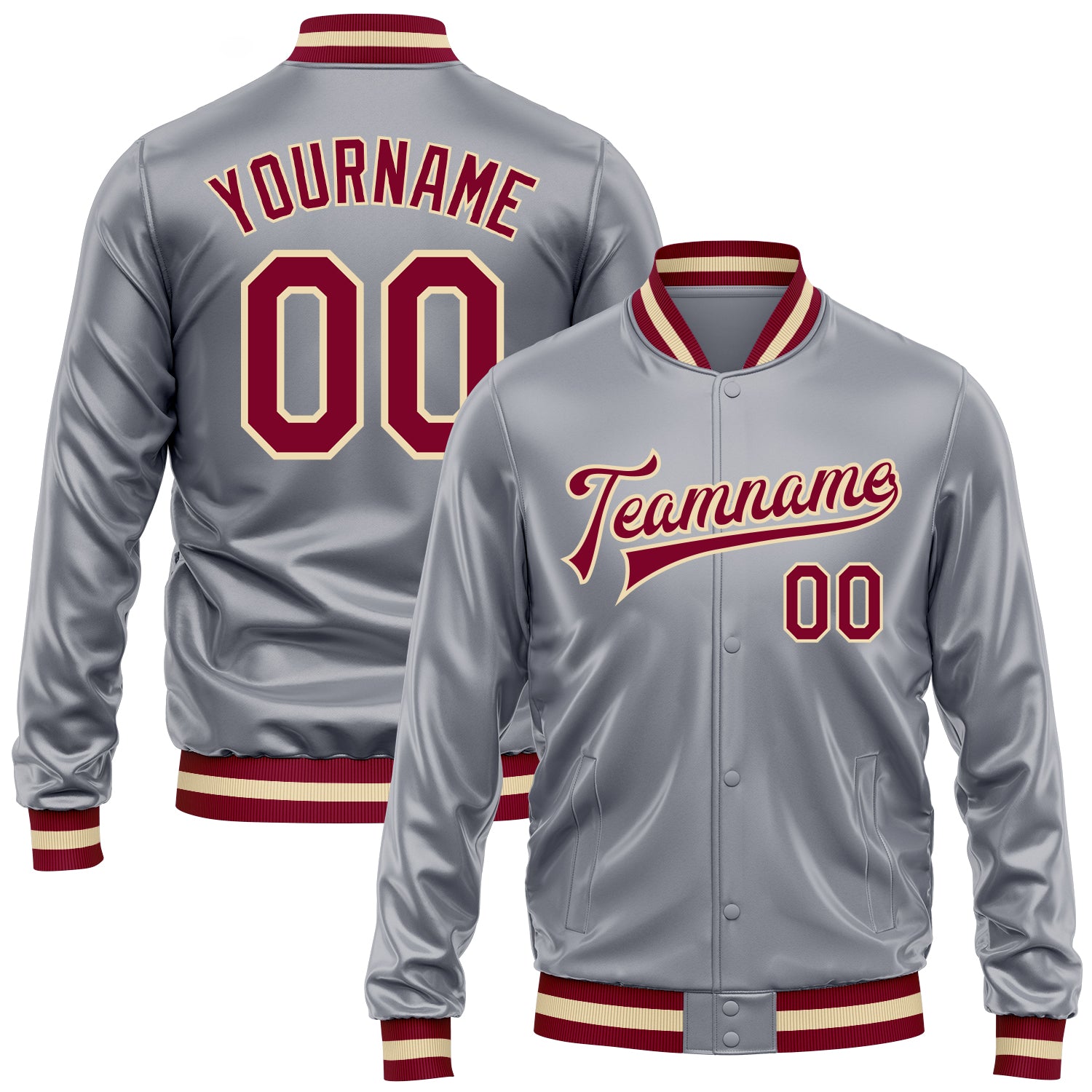 Custom Gray Maroon-Cream Bomber Full-Snap Varsity Faux Leather Letterman Jacket