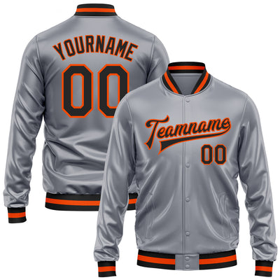 Custom Gray Black-Orange Bomber Full-Snap Varsity Faux Leather Letterman Jacket