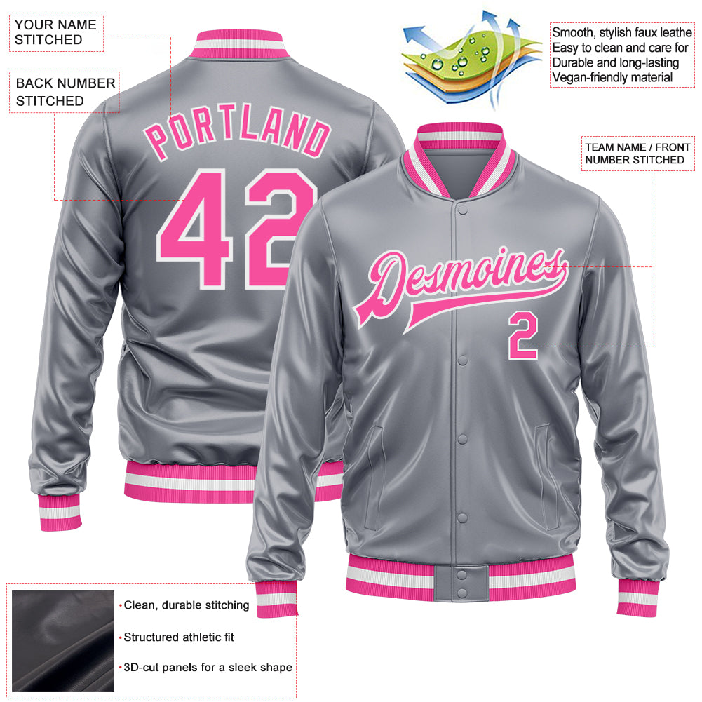 Custom Gray Pink-White Bomber Full-Snap Varsity Faux Leather Letterman Jacket