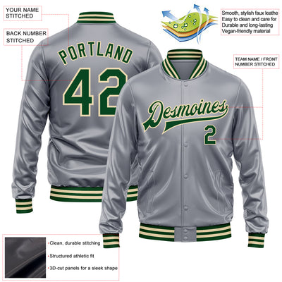 Custom Gray Green-Cream Bomber Full-Snap Varsity Faux Leather Letterman Jacket