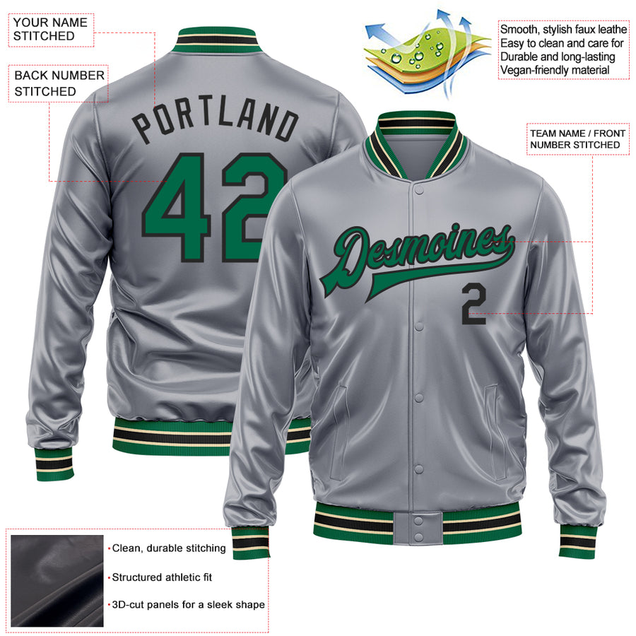 Custom Gray Kelly Green-Black Bomber Full-Snap Varsity Faux Leather Letterman Jacket
