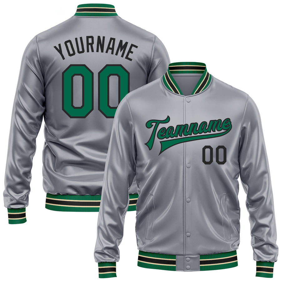 Custom Gray Kelly Green-Black Bomber Full-Snap Varsity Faux Leather Letterman Jacket