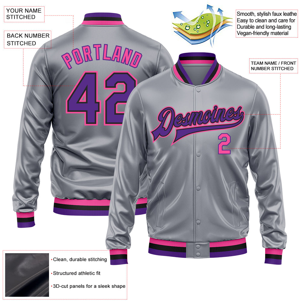 Custom Gray Purple Pink-Black Bomber Full-Snap Varsity Faux Leather Letterman Jacket