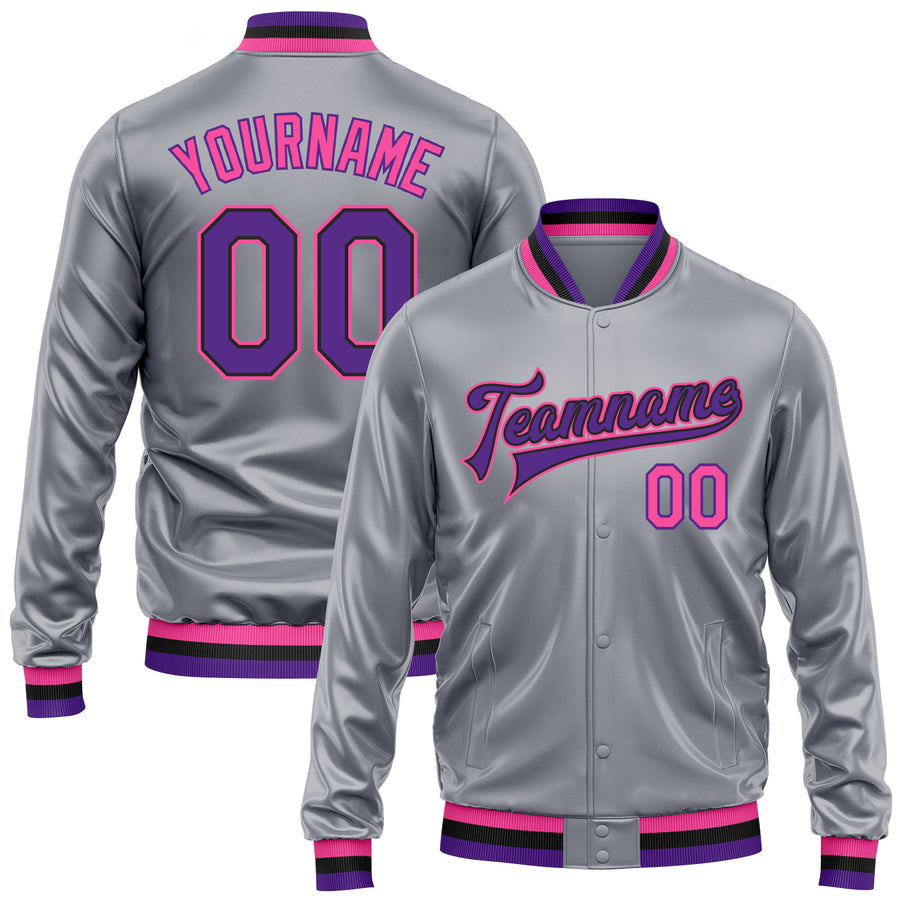 Custom Gray Purple Pink-Black Bomber Full-Snap Varsity Faux Leather Letterman Jacket