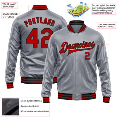 Custom Gray Red-Black Bomber Full-Snap Varsity Faux Leather Letterman Jacket