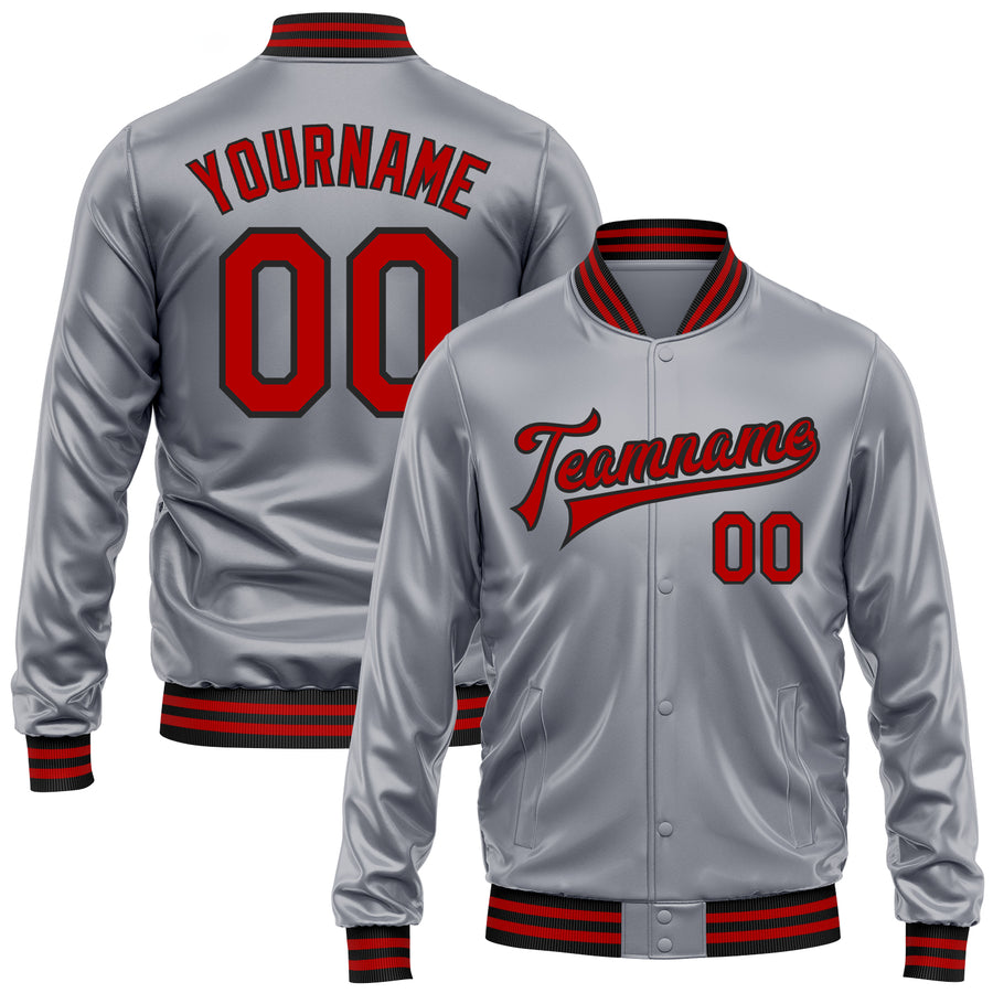 Custom Gray Red-Black Bomber Full-Snap Varsity Faux Leather Letterman Jacket