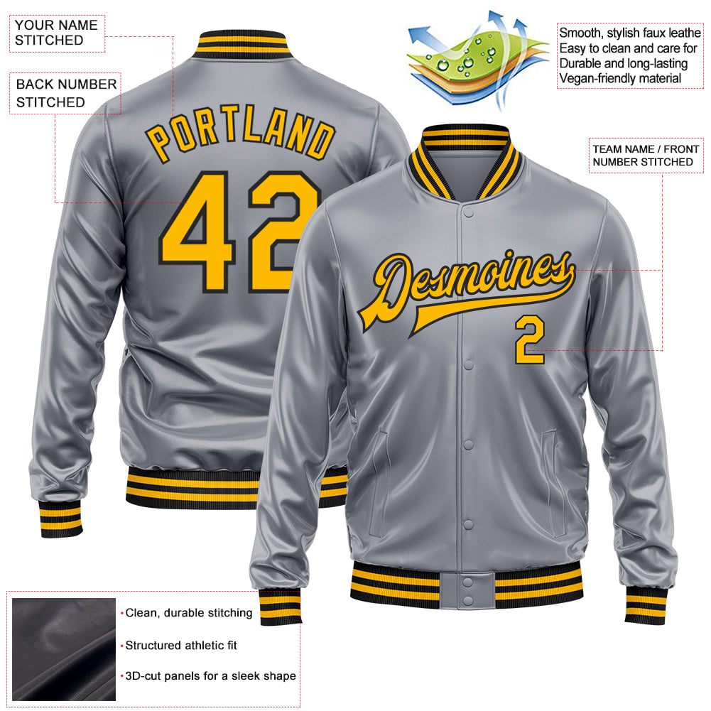 Custom Gray Gold-Black Bomber Full-Snap Varsity Faux Leather Letterman Jacket