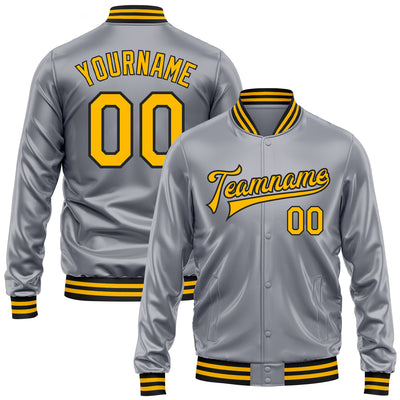 Custom Gray Gold-Black Bomber Full-Snap Varsity Faux Leather Letterman Jacket