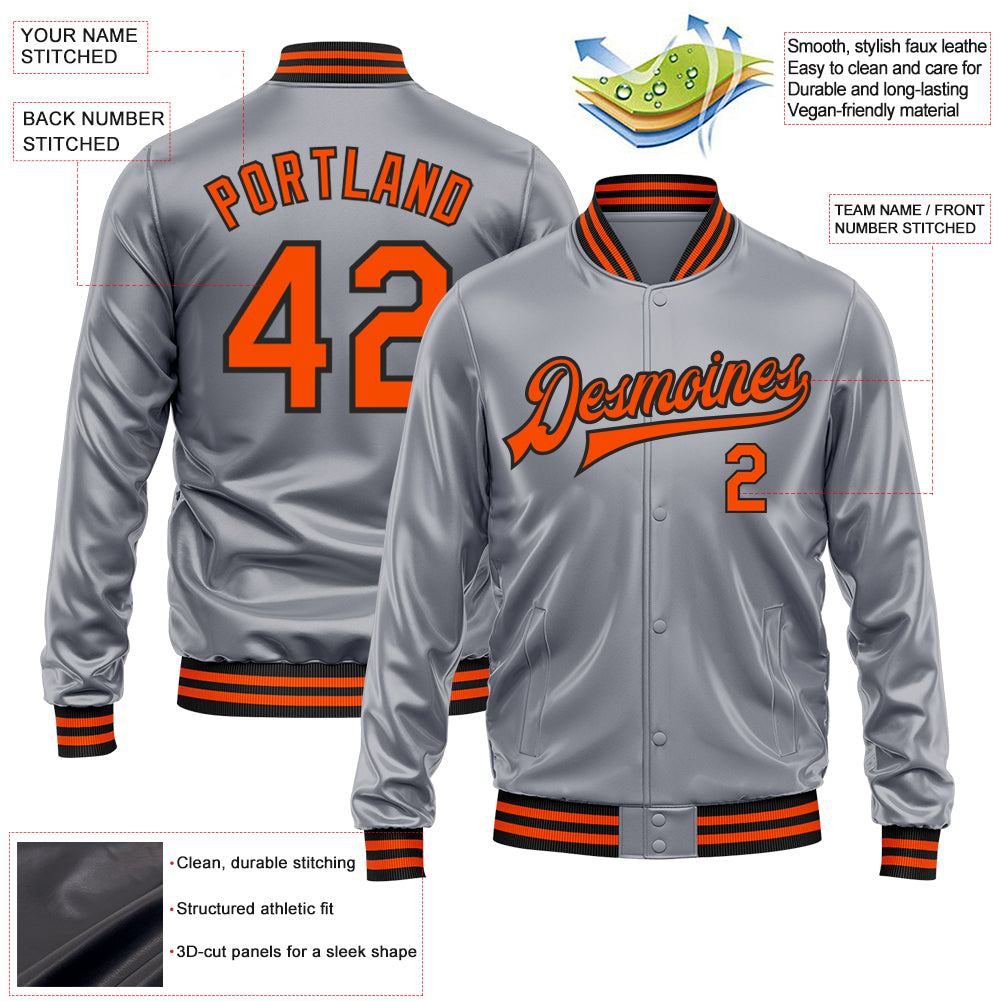 Custom Gray Orange-Black Bomber Full-Snap Varsity Faux Leather Letterman Jacket