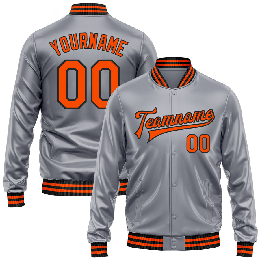 Custom Gray Orange-Black Bomber Full-Snap Varsity Faux Leather Letterman Jacket