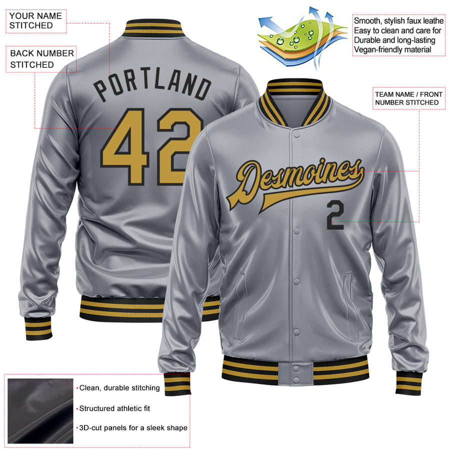 Custom Gray Old Gold-Black Bomber Full-Snap Varsity Faux Leather Letterman Jacket