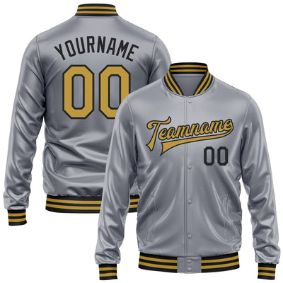 Custom Gray Old Gold-Black Bomber Full-Snap Varsity Faux Leather Letterman Jacket