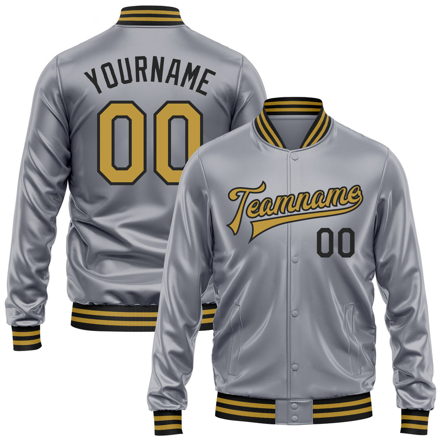 Custom Gray Old Gold-Black Bomber Full-Snap Varsity Faux Leather Letterman Jacket