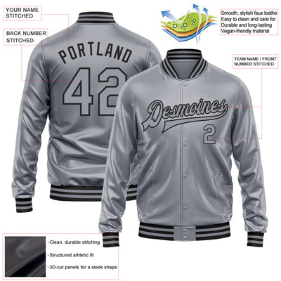 Custom Gray Gray-Black Bomber Full-Snap Varsity Faux Leather Letterman Jacket