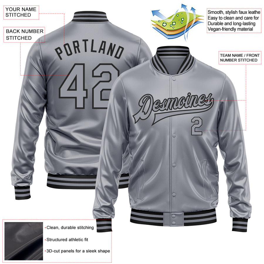 Custom Gray Gray-Black Bomber Full-Snap Varsity Faux Leather Letterman Jacket
