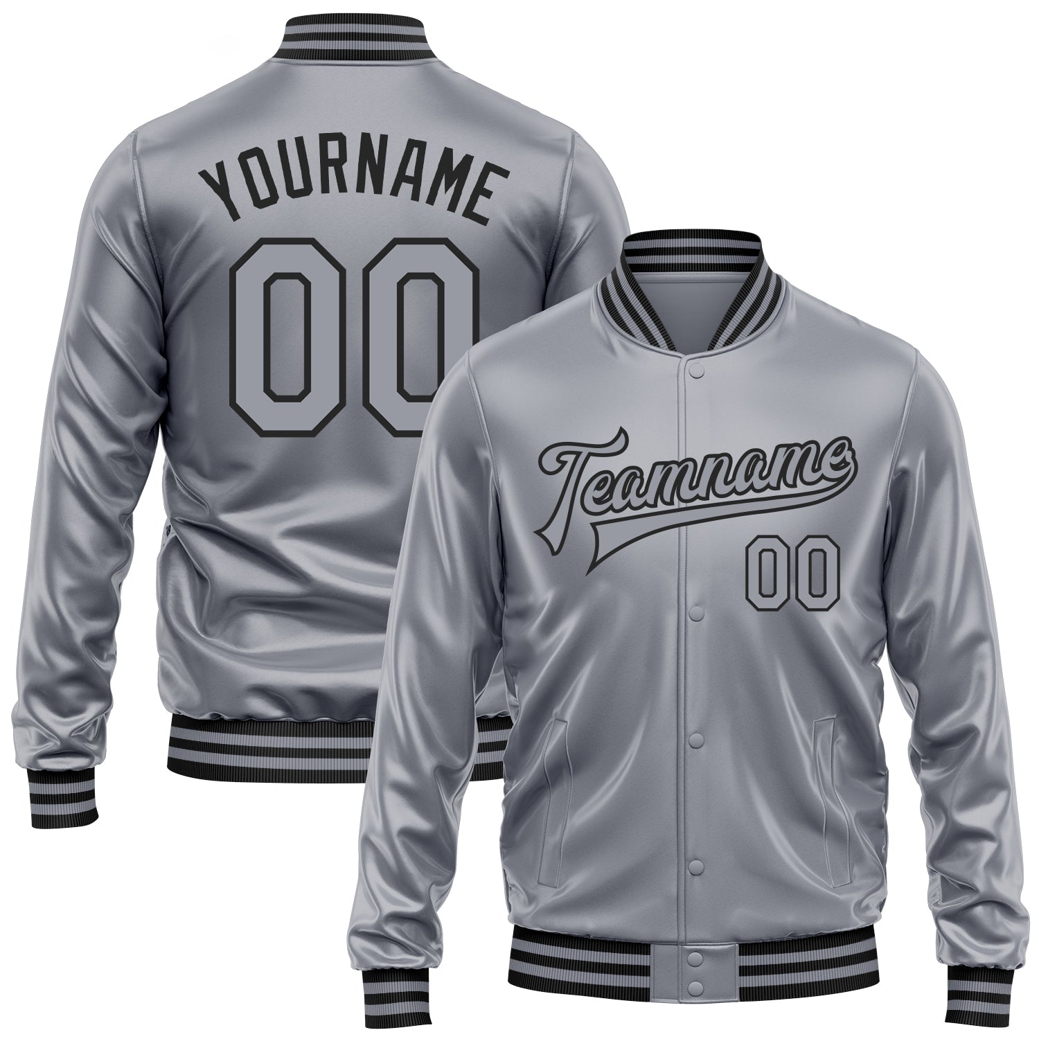 Custom Gray Gray-Black Bomber Full-Snap Varsity Faux Leather Letterman Jacket