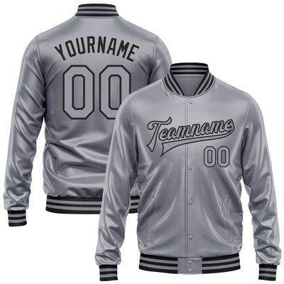 Custom Gray Gray-Black Bomber Full-Snap Varsity Faux Leather Letterman Jacket
