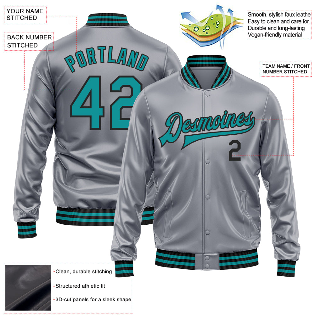 Custom Gray Teal-Black Bomber Full-Snap Varsity Faux Leather Letterman Jacket