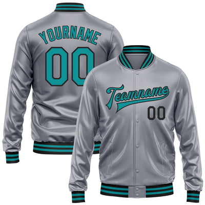 Custom Gray Teal-Black Bomber Full-Snap Varsity Faux Leather Letterman Jacket