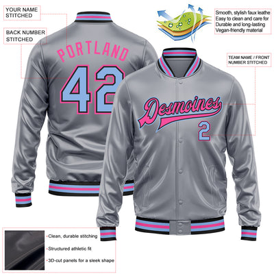 Custom Gray Light Blue Pink-Black Bomber Full-Snap Varsity Faux Leather Letterman Jacket