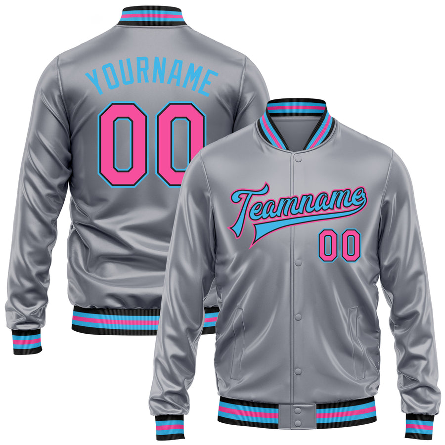 Custom Gray Pink Sky Blue-Black Bomber Full-Snap Varsity Faux Leather Letterman Jacket