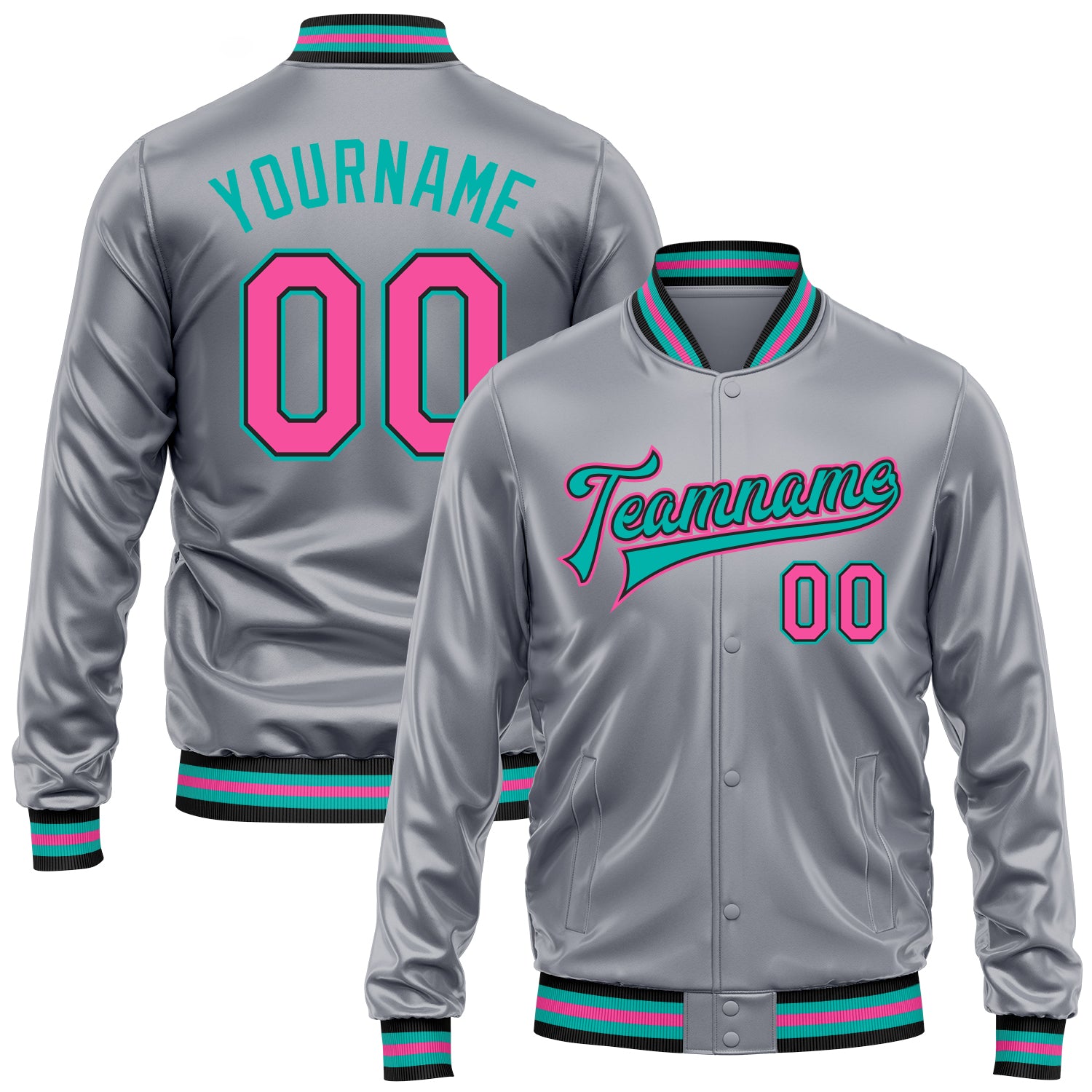 Custom Gray Pink Aqua-Black Bomber Full-Snap Varsity Faux Leather Letterman Jacket