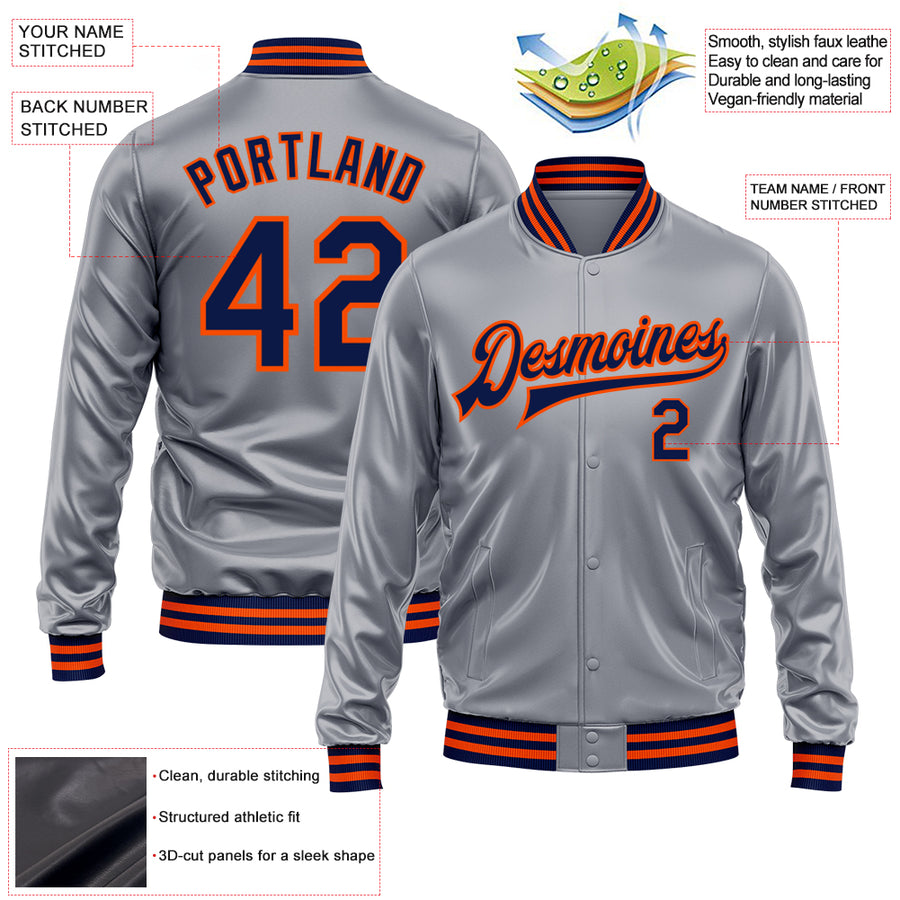 Custom Gray Navy-Orange Bomber Full-Snap Varsity Faux Leather Letterman Jacket