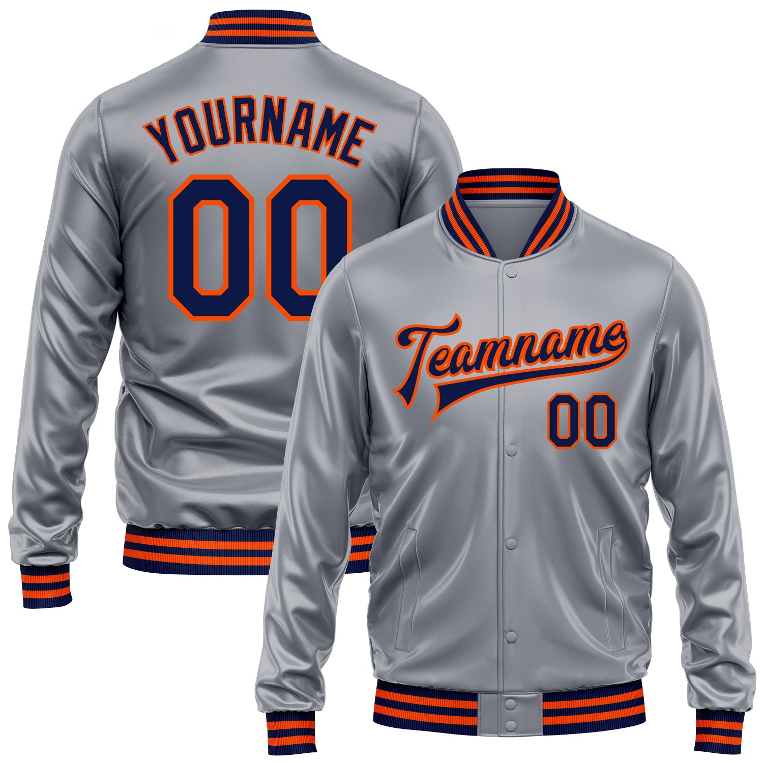 Custom Gray Navy-Orange Bomber Full-Snap Varsity Faux Leather Letterman Jacket