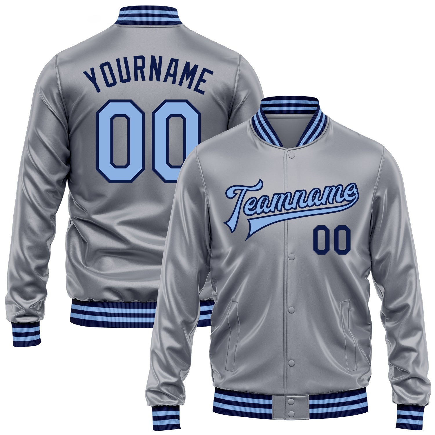 Custom Gray Light Blue-Navy Bomber Full-Snap Varsity Faux Leather Letterman Jacket