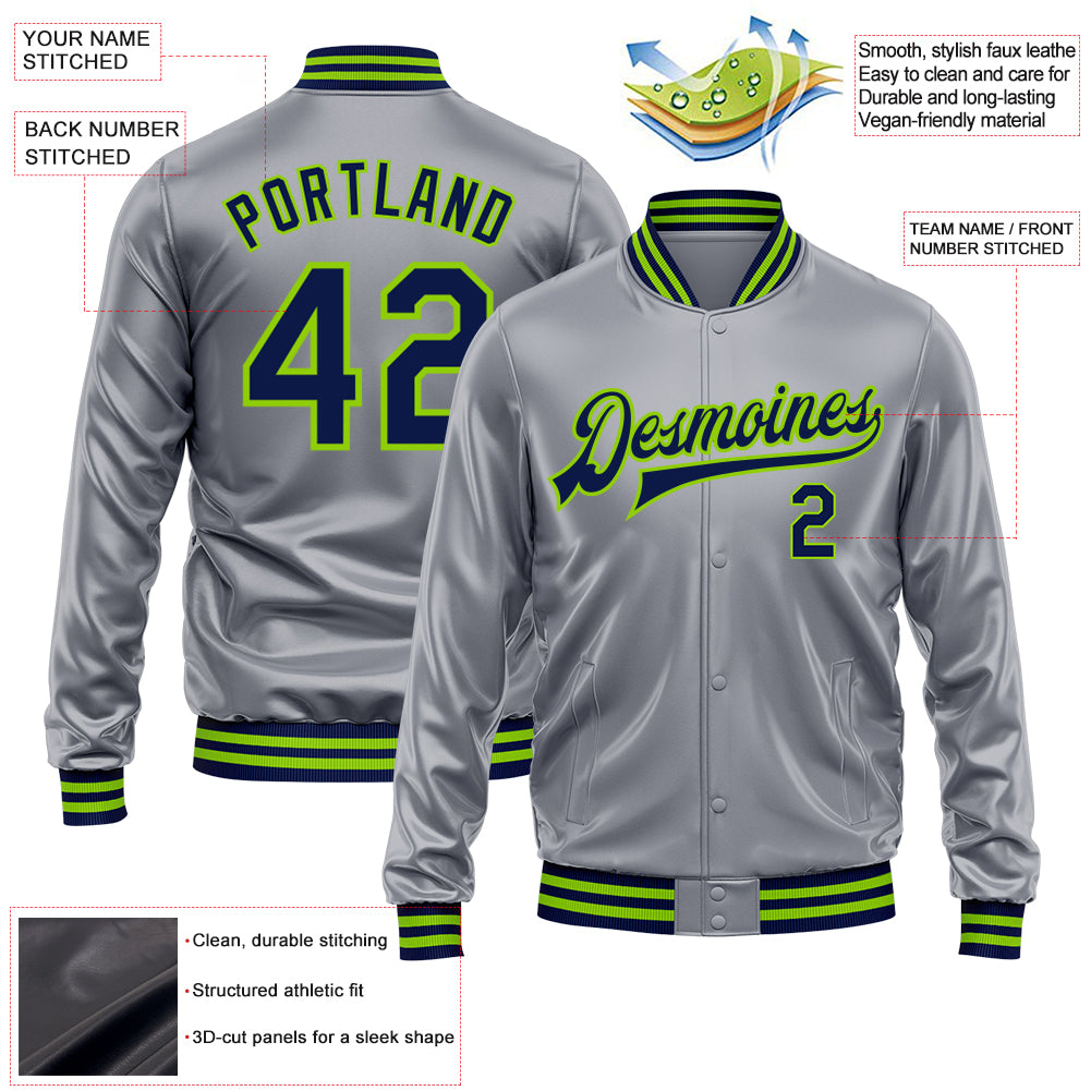 Custom Gray Navy-Neon Green Bomber Full-Snap Varsity Faux Leather Letterman Jacket